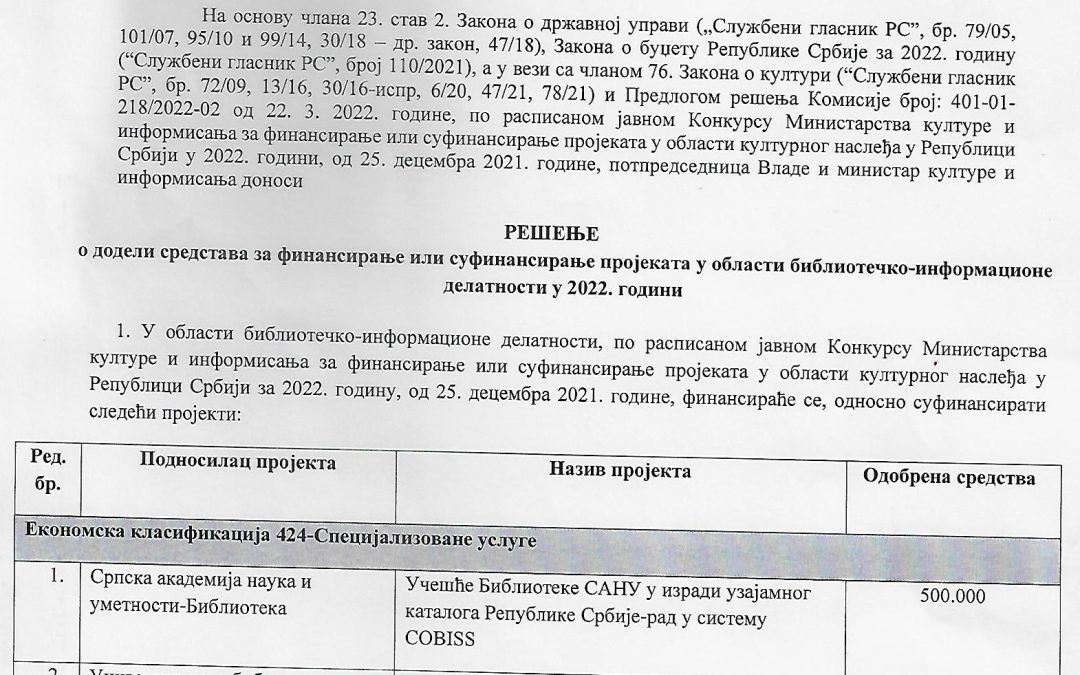 Министарство културе одобрило Библиотеци пројект за унапређење информационо-техничких капацитета